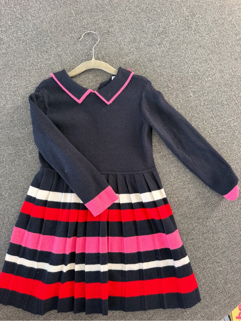 Jacadi Navy Knit Dress with Pink, Red and Cream Stripes